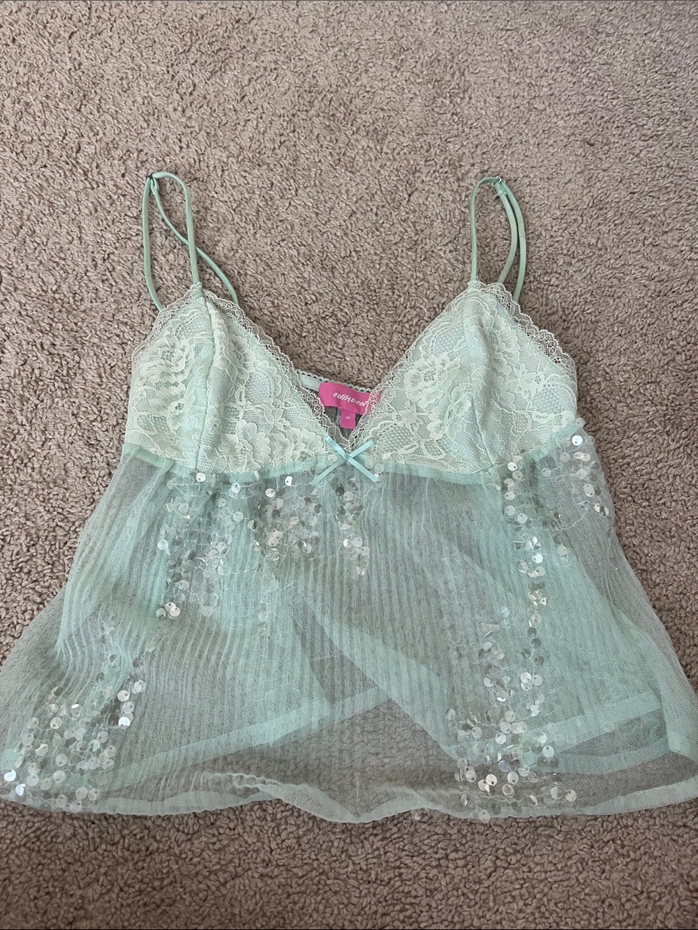 Edikted Mint Sheer Mesh Camisole with Pink Label